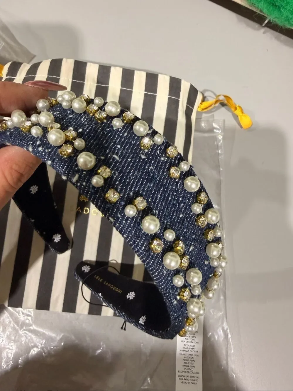 Lele Sadoughi Denim Dobby 1” Cher Faux Pearl Cotton Sprinkle Headband OS